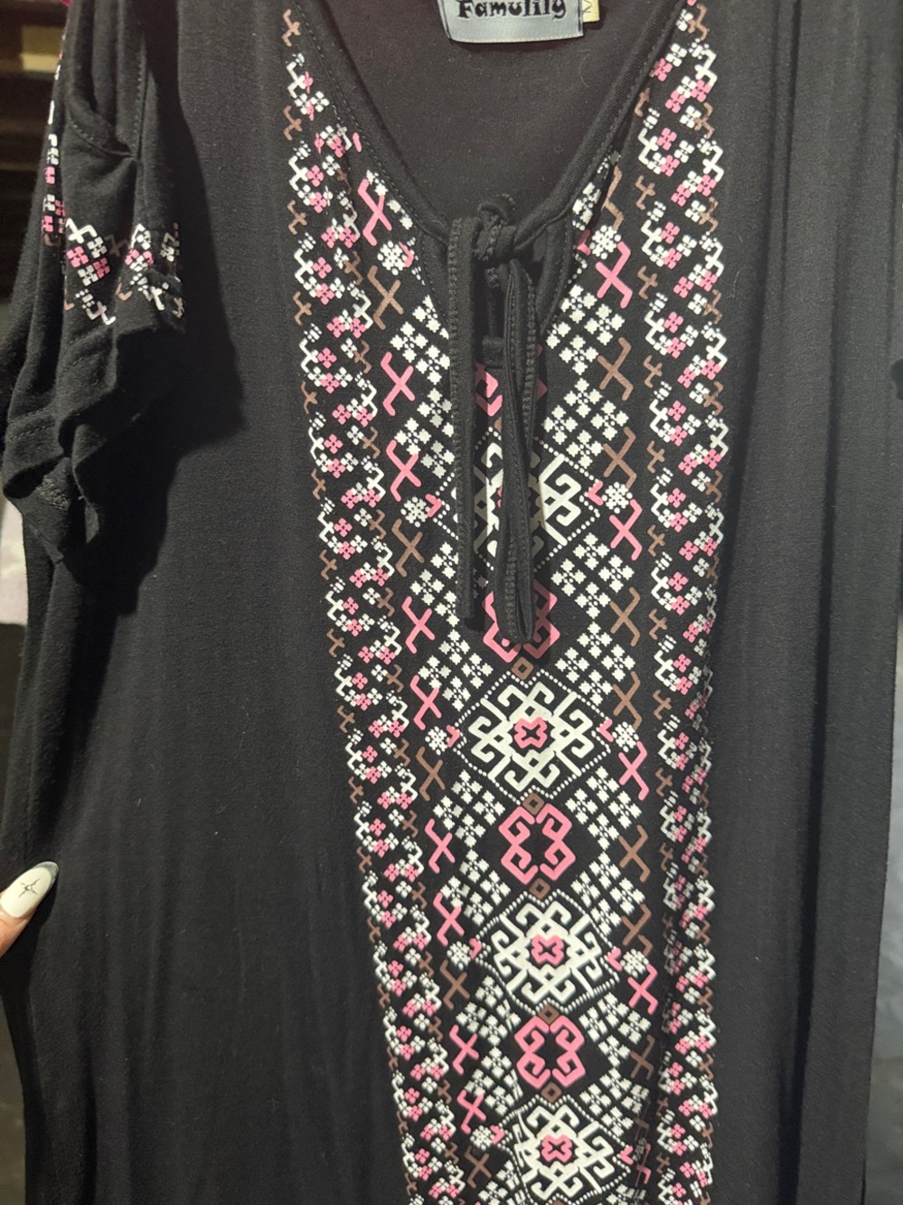 Black Embroidered V-Neck Women's Top with Pink and White Pattern